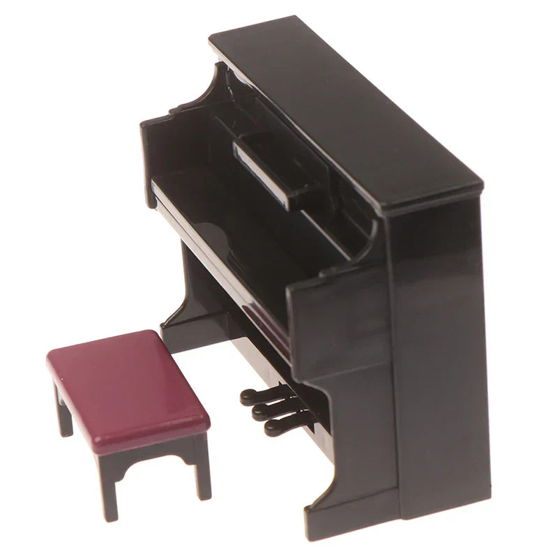 Black glossy plastic wooden grand piano with maroon upholstered stool dollhouse miniature accessories musical instrument model