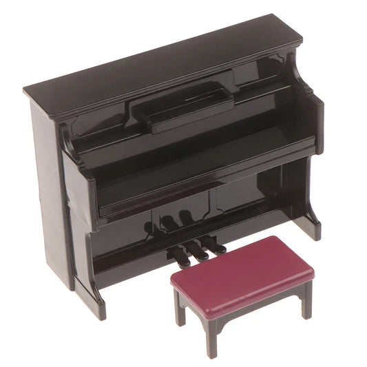 Black glossy wooden grand piano with matching maroon cushioned stool dollhouse miniature accessories simulation musical instrument