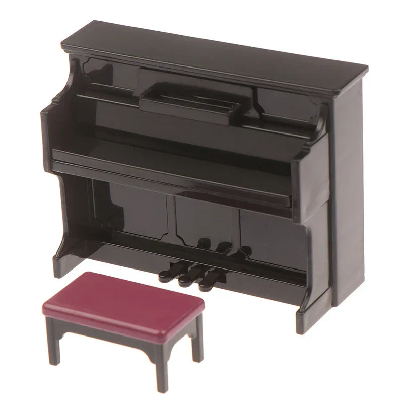 Black glossy wooden grand piano with matching red upholstered stool dollhouse miniature accessories musical instrument model