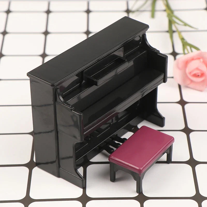 Black glossy wooden grand piano dollhouse miniature accessories with matching legs and burgundy upholstered stool model