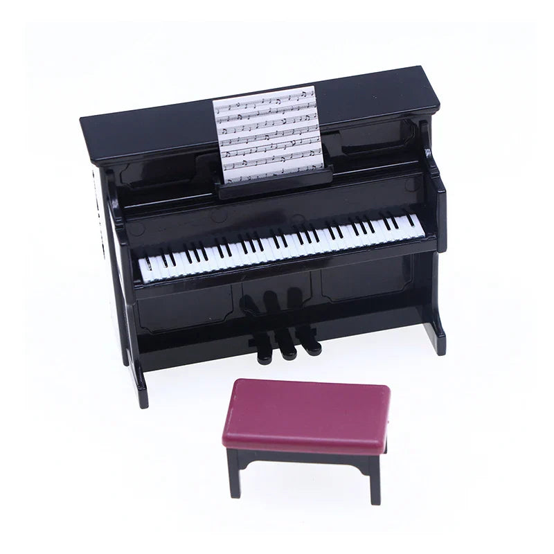 Black dollhouse miniature classical musical instrument piano with keys, music stand, and maroon cushioned stool set