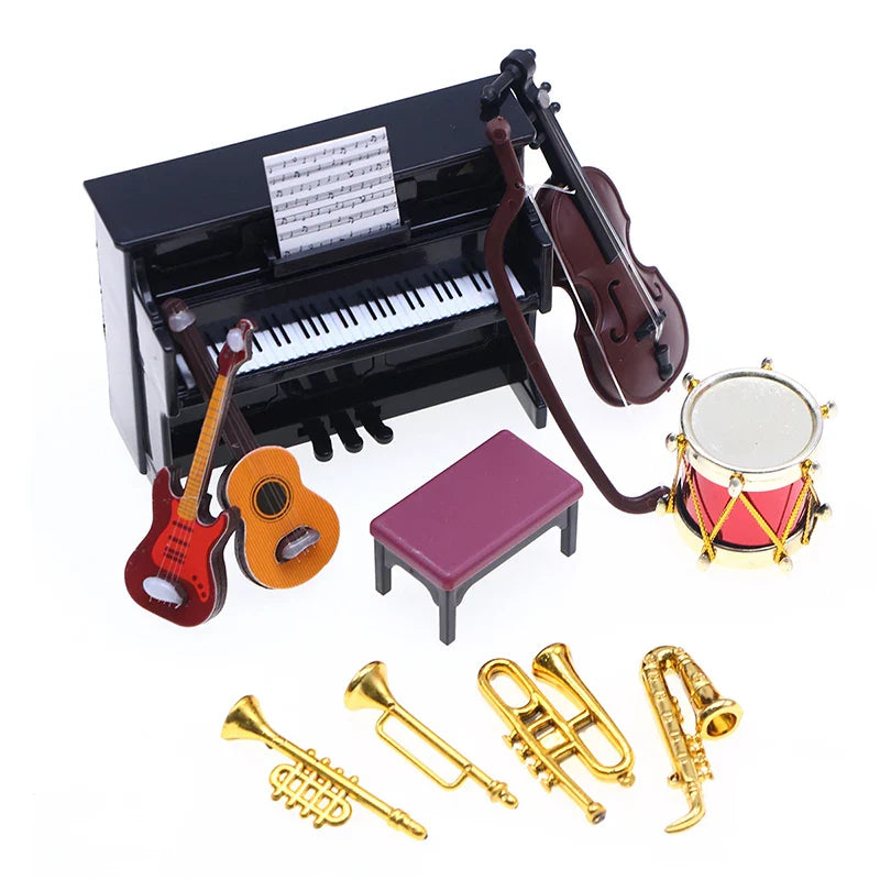 Black miniature classical musical piano with white keys and sheet music for 1 12 dollhouse instrument set decor