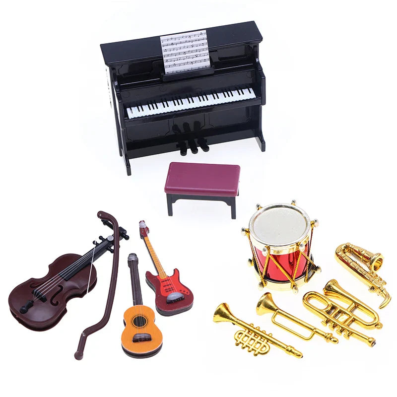 Black dollhouse miniature classical musical instrument piano with white keys and detailed sheet music on stand
