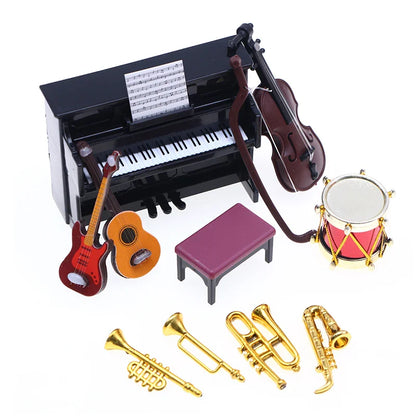 Black miniature classical musical piano with white keys and sheet music in 1 12 dollhouse instrument set decor