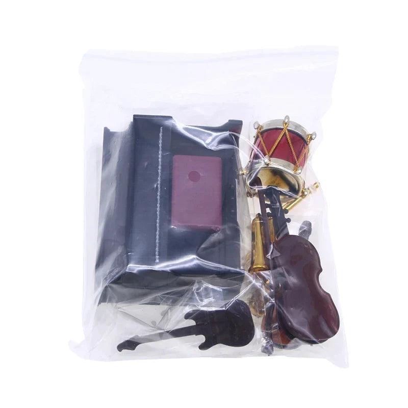 Miniature dollhouse classical musical instrument set featuring black piano purple keys red drum guitar saxophone model