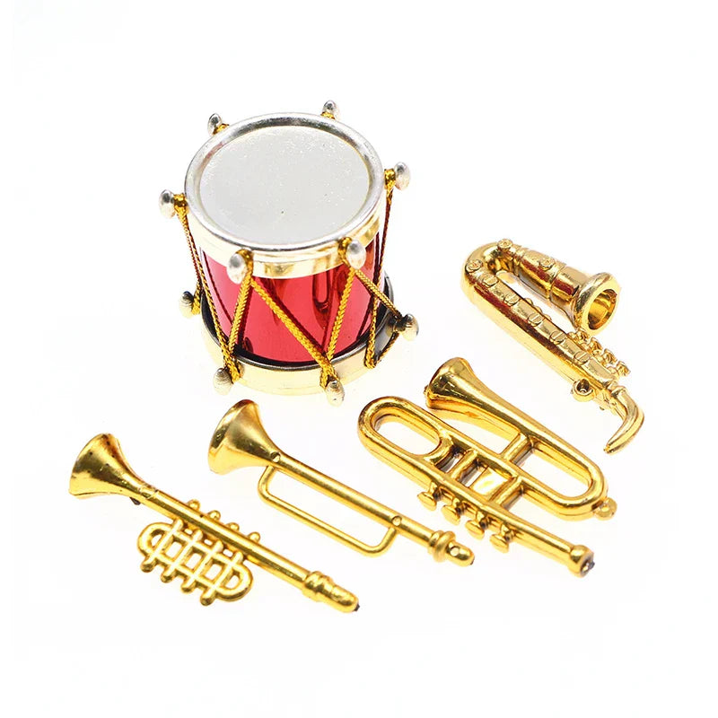 Gold miniature brass musical instrument piano guitar saxophone set with red drum for dollhouse miniature classical decor