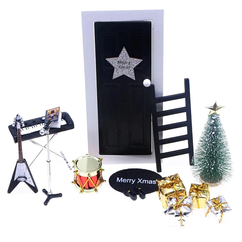 Black miniature electronic keyboard piano model with glittery silver star and merry xmas inscription for dollhouse decor
