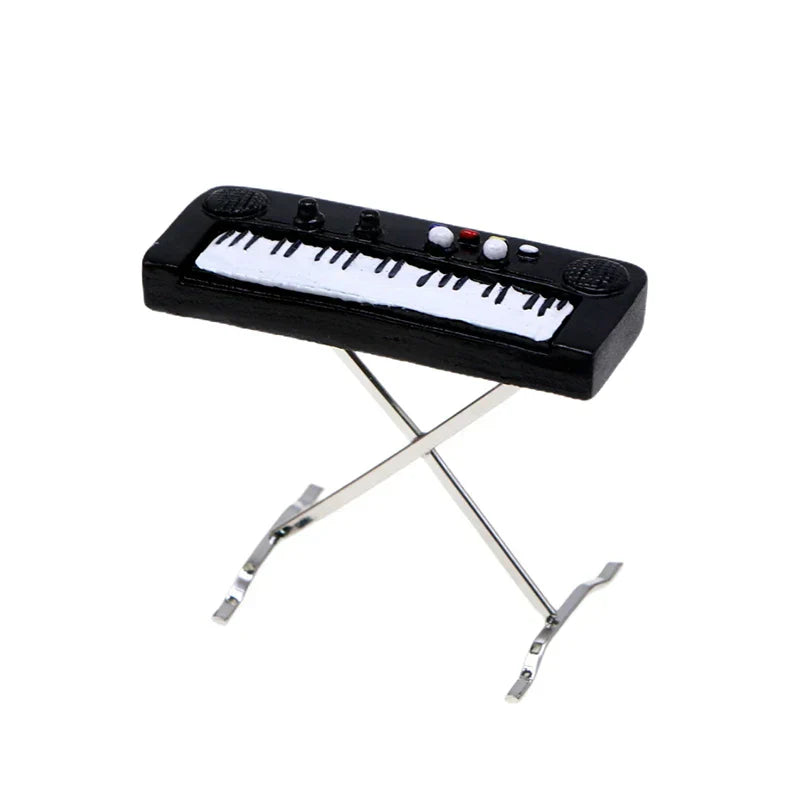 Black 1 12 dollhouse miniature electronic keyboard with white keys and silver stand instrument model ornament