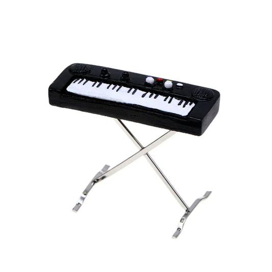 Black 1 12 dollhouse miniature electronic keyboard with white keys and silver stand instrument model ornament