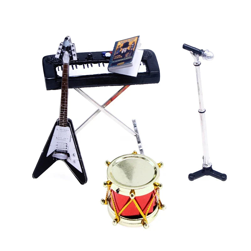 Miniature black and white v-shaped electric guitar dollhouse miniature electronic instrument model ornament
