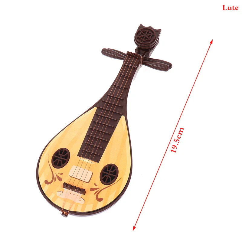 A wooden lute with a light golden body and carved dark brown neck in a 1 12 dollhouse miniature furniture playset