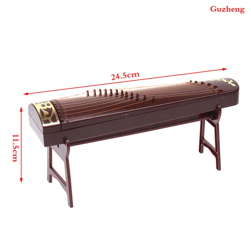 Dark brown wooden guzheng with gold inlaid panels and 21 strings for 1 12 dollhouse miniature furniture playset model living room