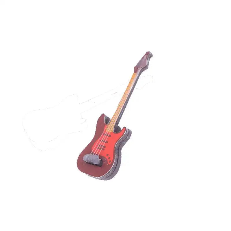 Red electric bass guitar pin with glossy finish and black pickguard for dollhouse miniature furniture playset model living room