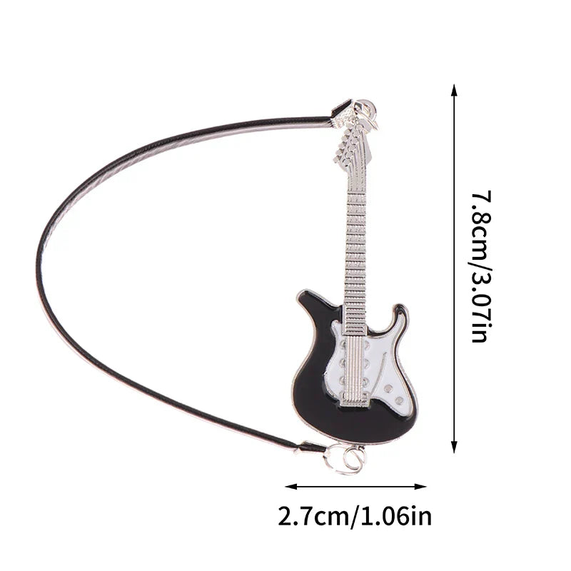 Black and silver electric guitar-shaped keychain with metallic finish for dollhouse miniature furniture playset model living room decor