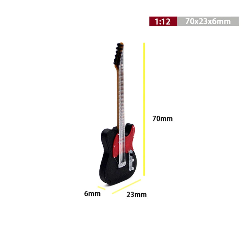 Black and red miniature electric guitar model with silver hardware for dollhouse miniature furniture playset living room decor