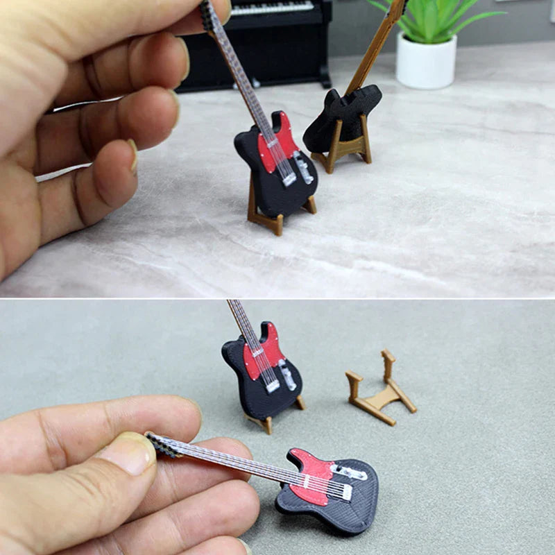 Black and red glossy miniature electric guitar in 1:12 dollhouse miniature furniture playset for model living room décor