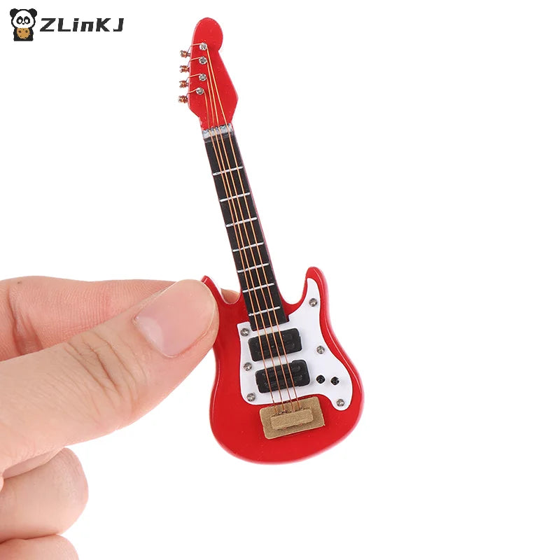 Red 1:12 dollhouse miniature music electric guitar model with white pickguard and black pickups for kids musical toy