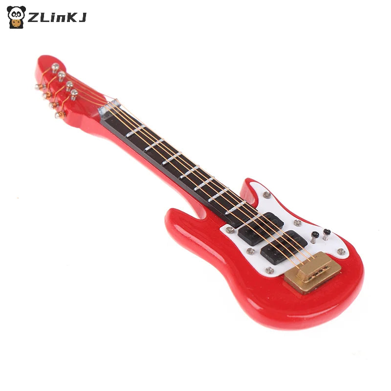 Red miniature electric guitar model with white pickguard and gold hardware for dollhouse miniature music and kids musical toy