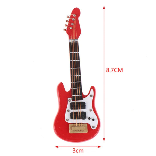 Red miniature electric guitar model with white pickguard and black fretboard for dollhouse miniature music and kids musical toy