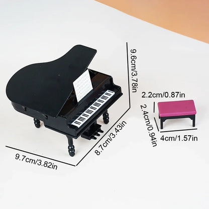 Black 1:12 miniature piano with detailed legs white and black keys and sheet music for dollhouse decor and toys