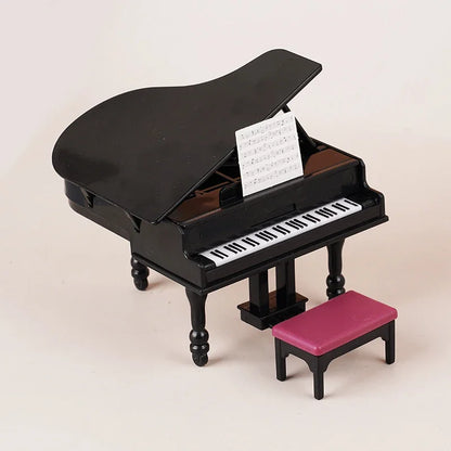 Black miniature grand piano with pink cushioned stool for 1 12 dollhouse miniature piano living room decor accessory