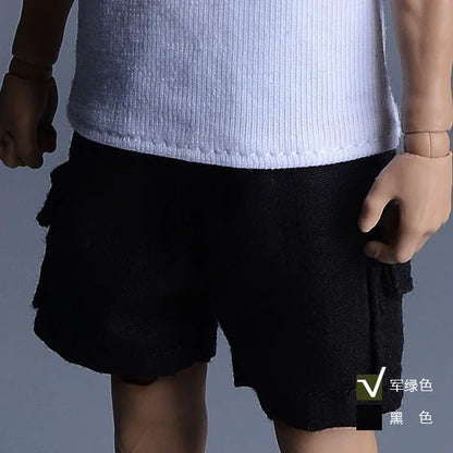 Black textured fabric male hip hop casual cargo shorts with side pockets and half zipper for 6 inch action figure