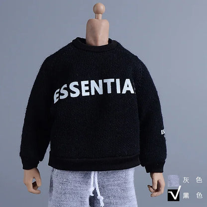 Black knitted sweatshirt with bold white essentia lettering and small logo on sleeve for male hip hop casual style