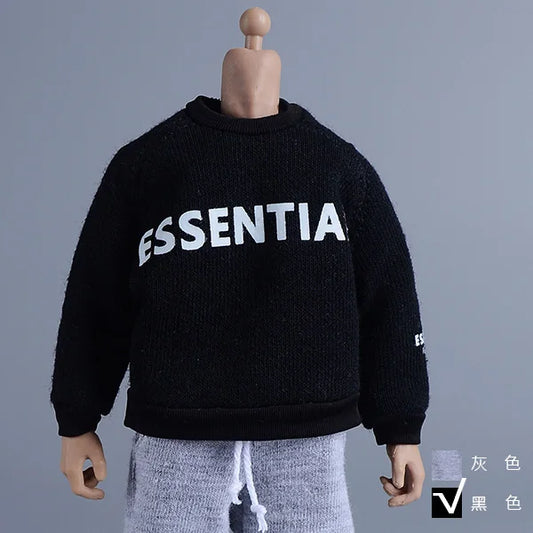 Black knitted sweatshirt with bold white essentia lettering and small logo on sleeve for male hip hop casual style
