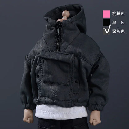 Black hooded jacket with front zipper patch pocket made of textured fabric for male hip hop casual style