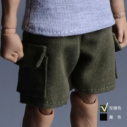 Olive green textured fabric male hip hop casual shorts with visible stitching pockets half zipper for 6 inch figure