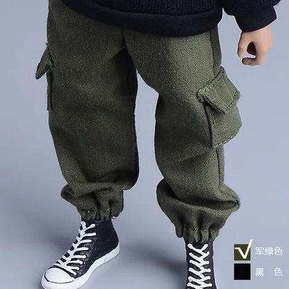 Olive green male hip hop cargo pants with textured fabric pockets half zipper for 6 inch action figure body