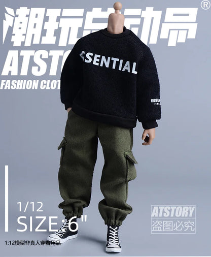 Black textured knit sweatshirt with white essential lettering on chest and sleeve for male hip hop casual style