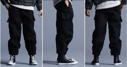 Black male hip hop casual street cargo pants for 6 inch action figure with multiple pockets half zipper and elastic cuffs