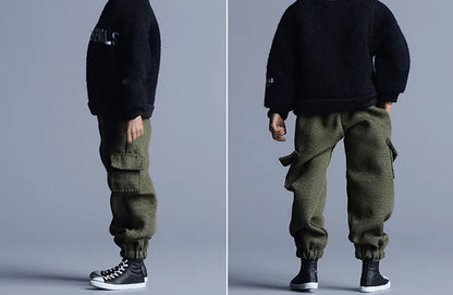 Olive green corduroy male hip hop casual cargo pants with multiple pockets half zipper and elastic cuffs