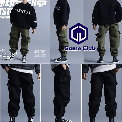 Olive green male hip hop casual cargo pants with multiple pockets and elastic cuffs for 6 inch action figure
