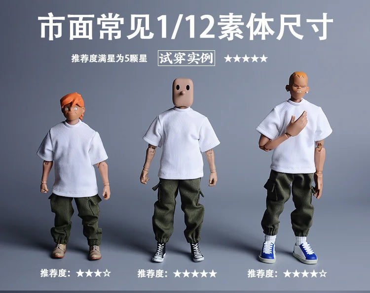 Three 1/12 male hip hop casual figures wearing white tees and olive green pockets half zipper cargo pants