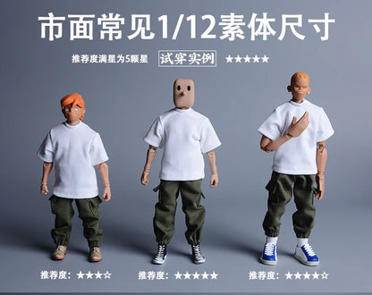 Three 1/12 male hip hop casual figures wearing white tees and olive green pockets half zipper cargo pants