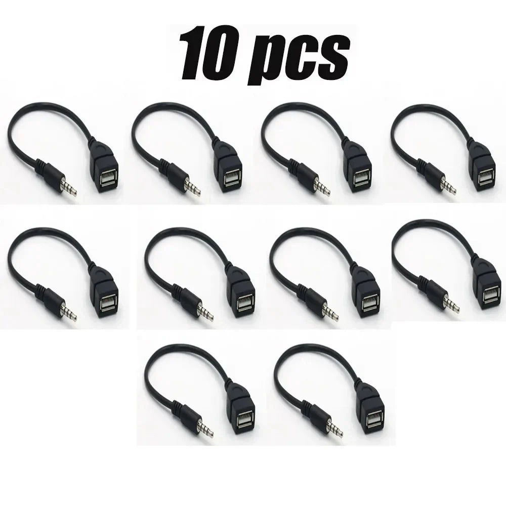 Set of ten black usb audio cable adapters with 3.5mm jack for car audio cable car electronics use