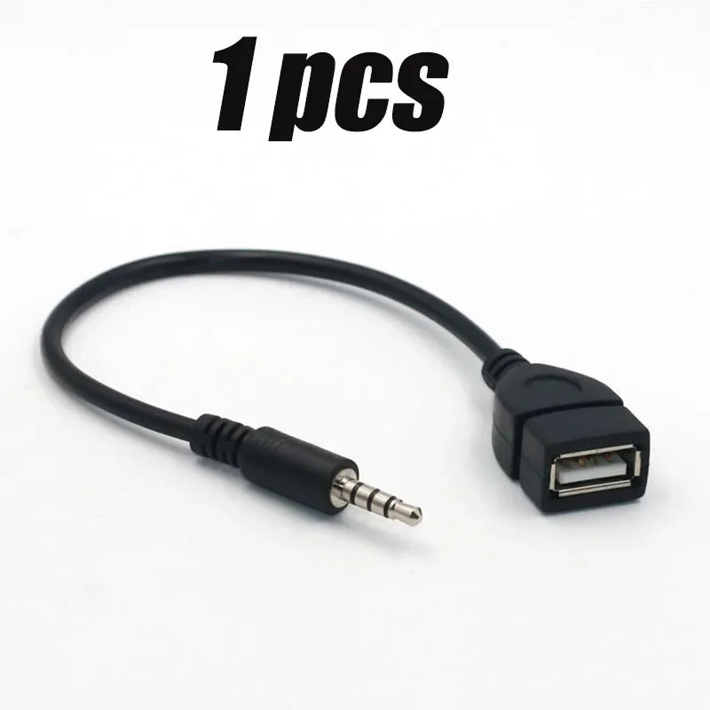 Black usb audio cable with 3.5mm car audio cable adapter featuring compact molded plastic design for cable car electronics