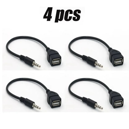 Black usb 2.0 female-to-male car audio cable with 3.5mm jack for cable car electronics and usb audio cable connectivity