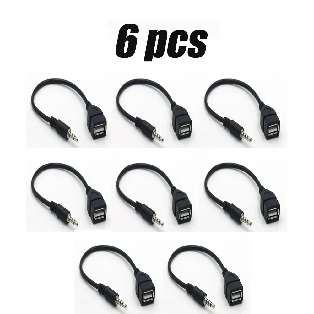 Six black usb 2.0 a to 3.5mm audio jack car audio cables with molded connectors for cable car electronics use