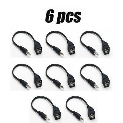 Six black usb 2.0 a-to-3.5mm car audio cable adapters with flexible cables for portable usb audio cable use