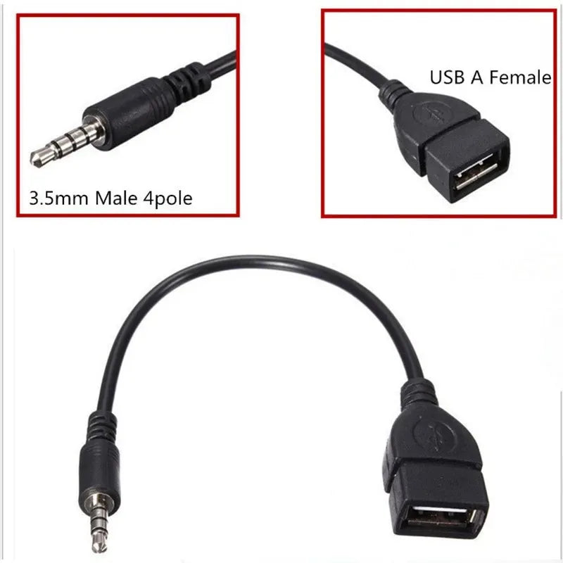 Black usb a female to 3.5mm male 4pole car audio cable with molded connectors for cable car electronics and usb audio cable use