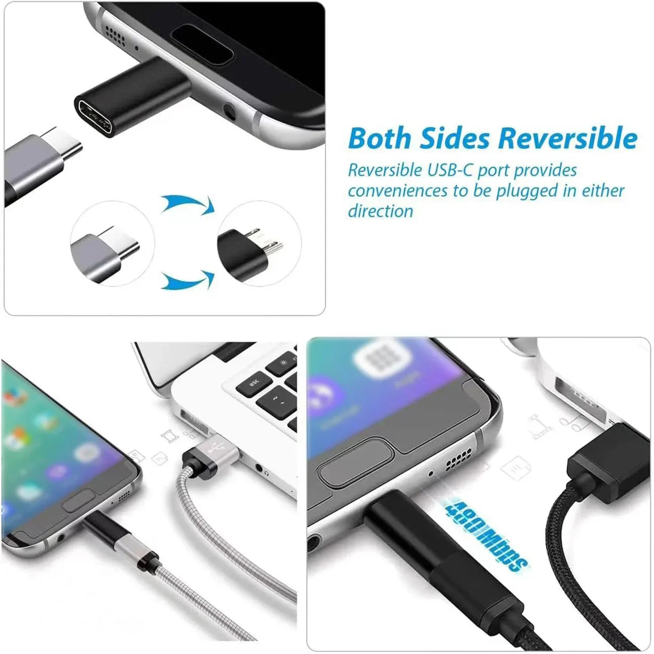Black and silver reversible usb c female to micro usb male adapter with braided cable for nexus lg xbox and samsung galaxy devices