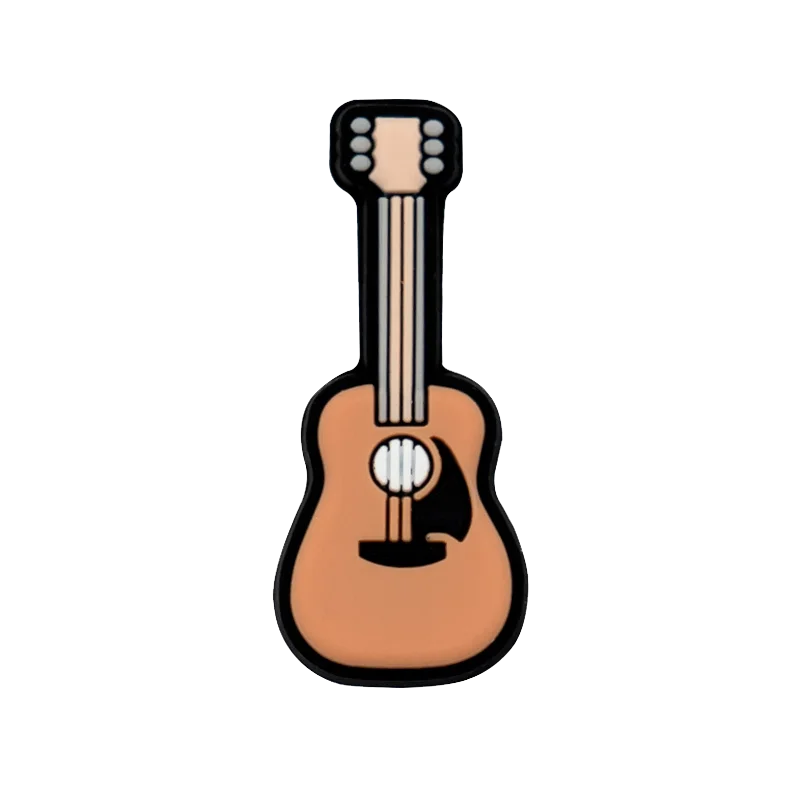 A peach-colored acoustic guitar enamel pin with black outlines and white soundhole for men women kids accessories decorations buckles