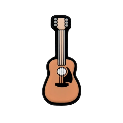 A peach-colored acoustic guitar enamel pin with black outlines and white soundhole for men women kids accessories decorations buckles