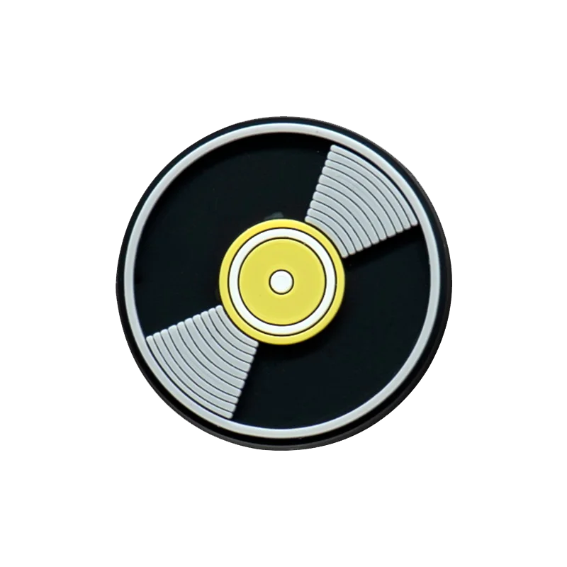 Black vinyl record shaped pin with silver grooves and yellow center label for 20pcs musical instruments accessories decorations buckles