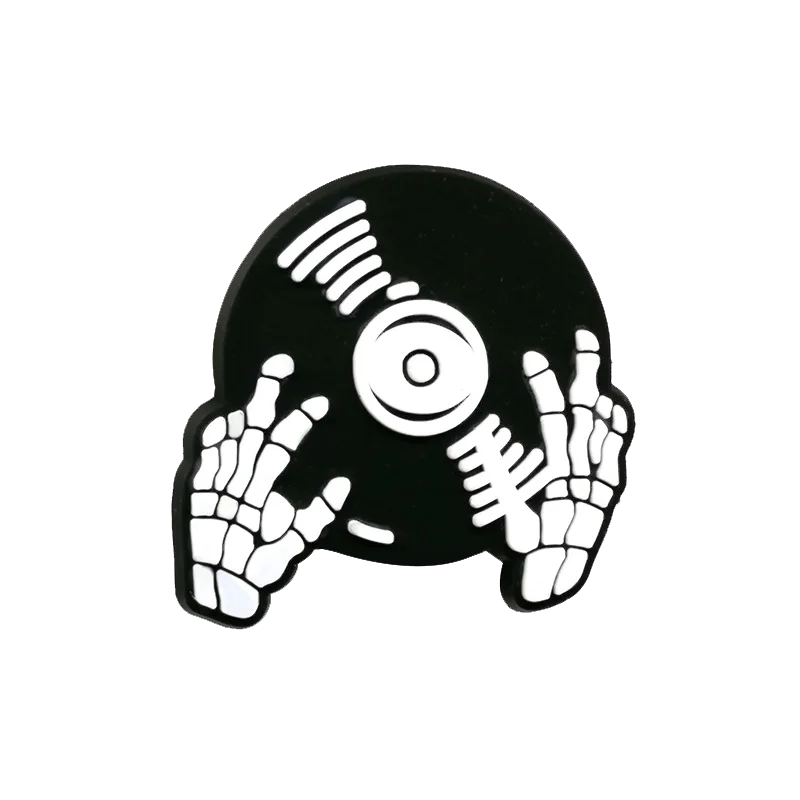 Black vinyl record shaped pin with white skeletal hands designed as accessories decorations buckles for men women kids 20pcs musical instruments