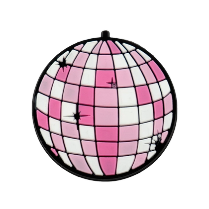 Pink and white disco ball pin with black border from 20pcs musical instruments accessories decorations buckles set for men women kids