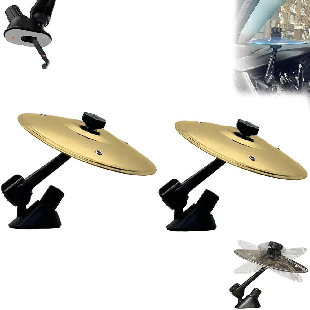 Gold-colored circular car crash cymbal air vent holders with black bases and adjustable arms for car interior use